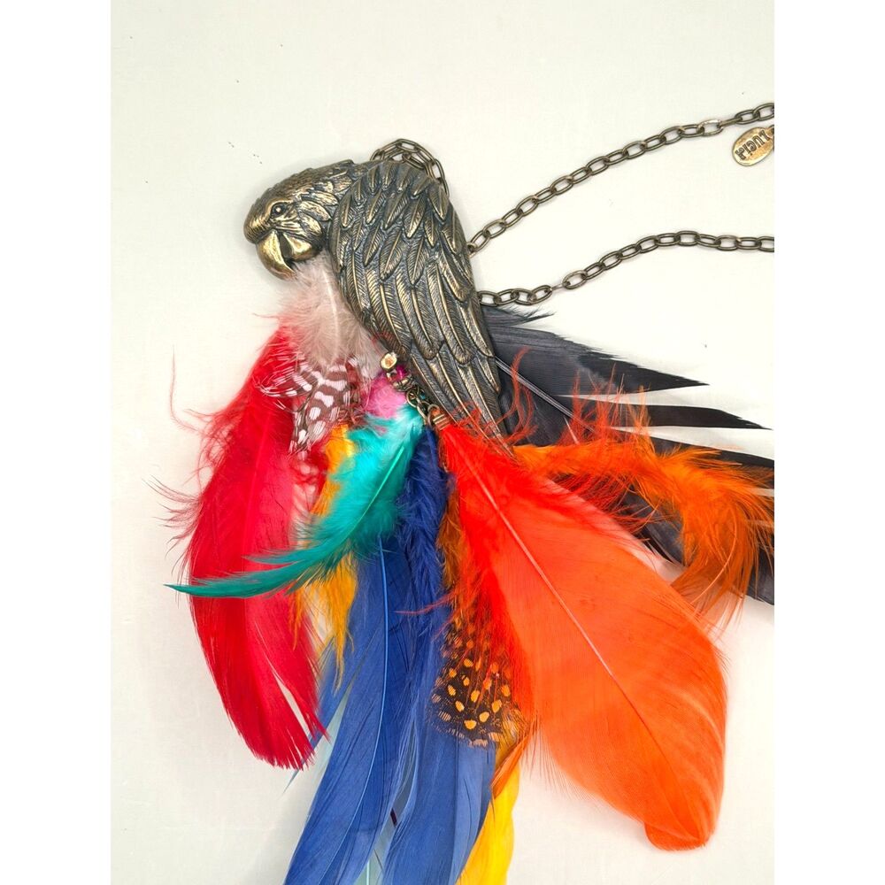 Lucid Parrot Necklace Multicolor Metal + Feather Statement Pendant Boho Tropical